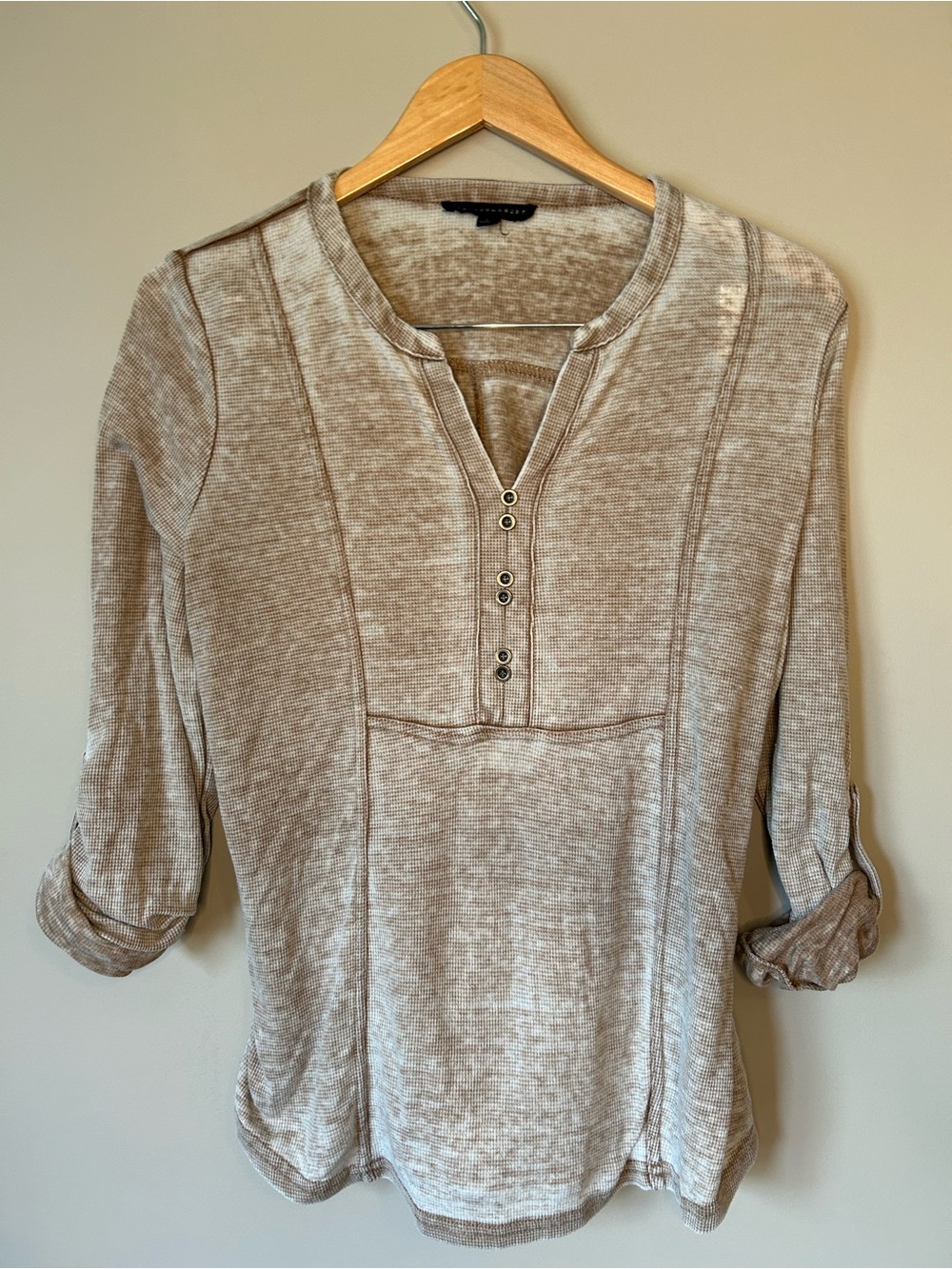 Light Brown Jane and Delancey Women's Henley Top with Roll-Tab Sleeves